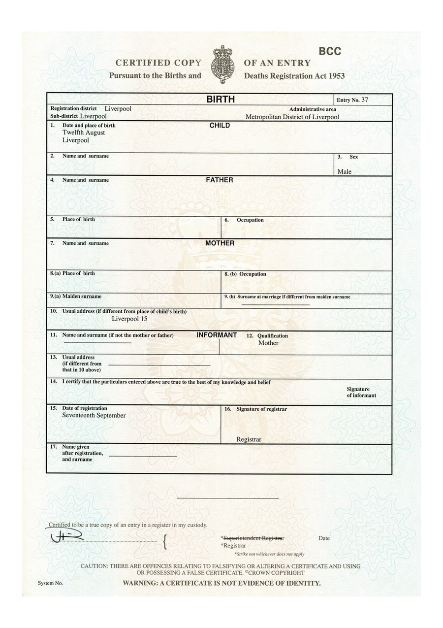UK birth certificate