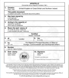 Physical UK FCDO apostille (Hague Convention 1961) on a Certificate of Good Standing